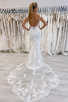 Load image into Gallery viewer, White Mermaid Deep V-Neck Cap Sleeves Long Wedding Dress with Lace