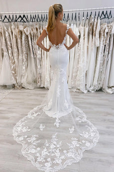 White Mermaid Deep V-Neck Cap Sleeves Long Wedding Dress with Lace