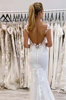 Load image into Gallery viewer, White Mermaid Deep V-Neck Cap Sleeves Long Wedding Dress with Lace