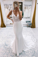 Load image into Gallery viewer, Mermaid White Deep V-Neck Long Wedding Dress with Lace