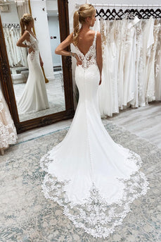 Mermaid White Deep V-Neck Long Wedding Dress with Lace