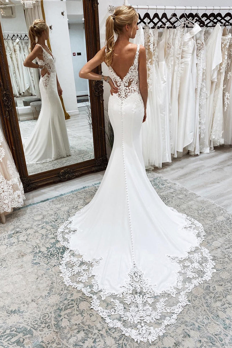 Load image into Gallery viewer, Mermaid White Deep V-Neck Long Wedding Dress with Lace