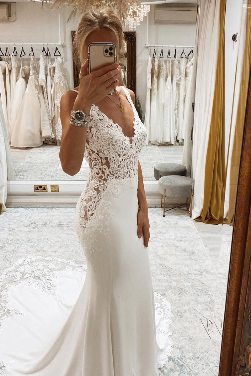 Load image into Gallery viewer, Mermaid White Deep V-Neck Long Wedding Dress with Lace