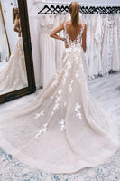 Load image into Gallery viewer, Ivory A-Line Ivory V-Neck Long Tulle Wedding Dress with Appliques