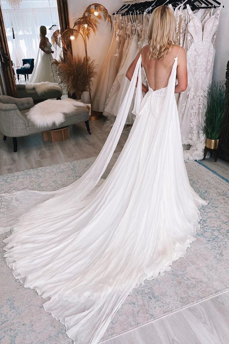 Load image into Gallery viewer, Ivory A-Line Watteau Train Boho Long Chiffon Wedding Dress with Lace