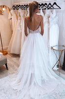 Load image into Gallery viewer, Ivory A-Line Backless Asymmetrical Tulle Long Wedding Dress with Lace