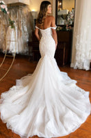 Load image into Gallery viewer, Mermaid White Lace Sweep Train Long Wedding Dress