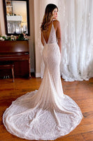 Load image into Gallery viewer, Sparkly Mermaid White Lace Backless Sweep Train Long Wedding Dress