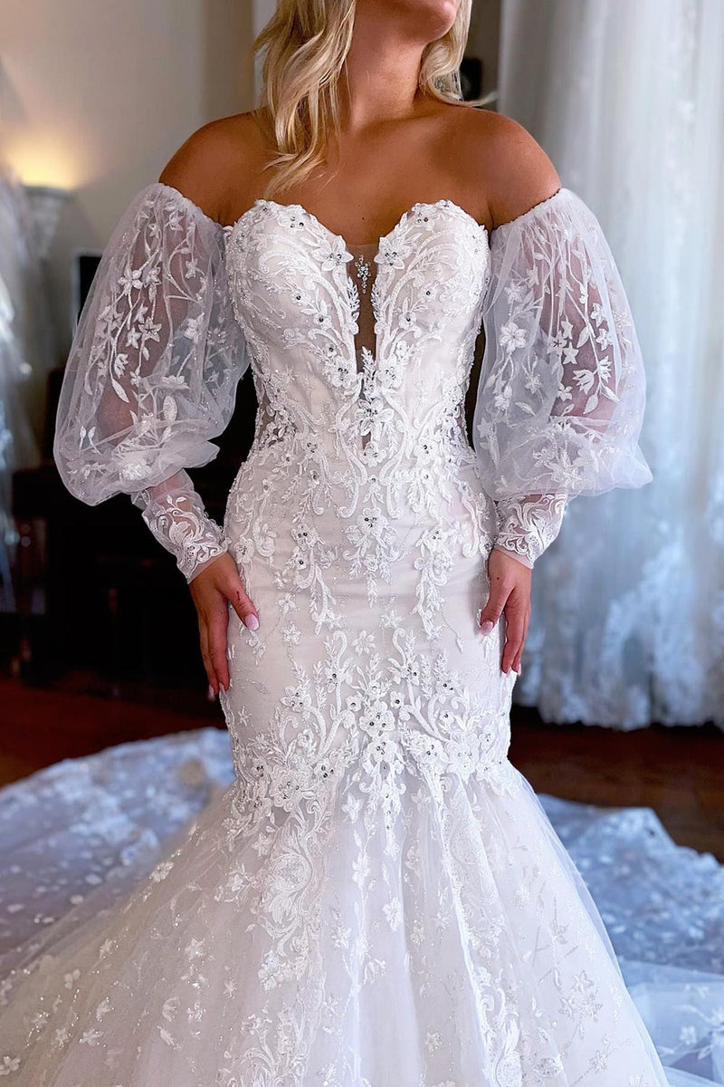 Load image into Gallery viewer, Sparkly White Mermaid Detachable Long Sleeves Lace Wedding Dress