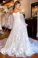 Load image into Gallery viewer, Ivory Sweetheart Corset Detachale Long Sleeves Long Lace Wedding Dress