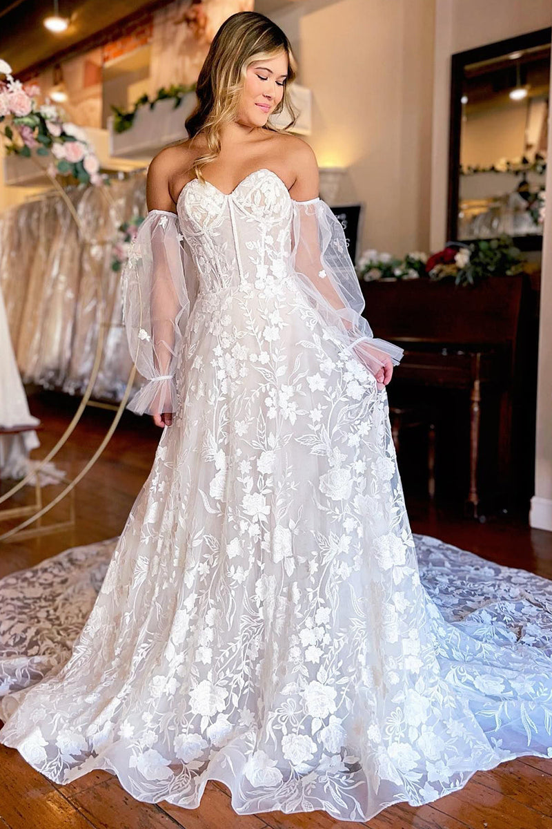 Load image into Gallery viewer, Ivory Sweetheart Corset Detachale Long Sleeves Long Lace Wedding Dress