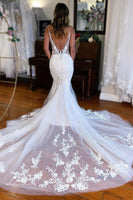 Load image into Gallery viewer, White V-Neck Mermaid Long Lace Wedding Dress