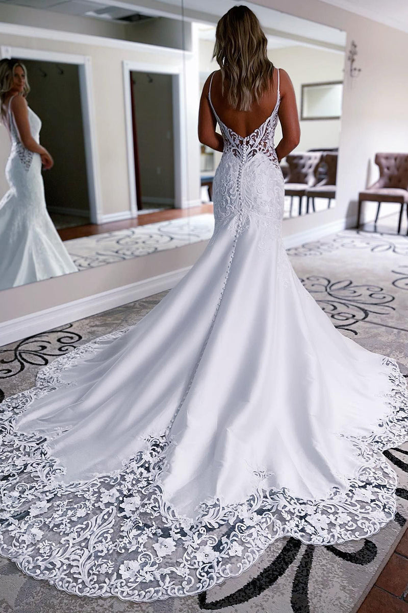 White Spaghetti Straps Satin Sweep Train Wedding Dress with Slit