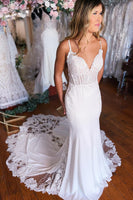 Load image into Gallery viewer, White Boho Mermaid Spaghetti Straps Long Wedding Dress with Lace