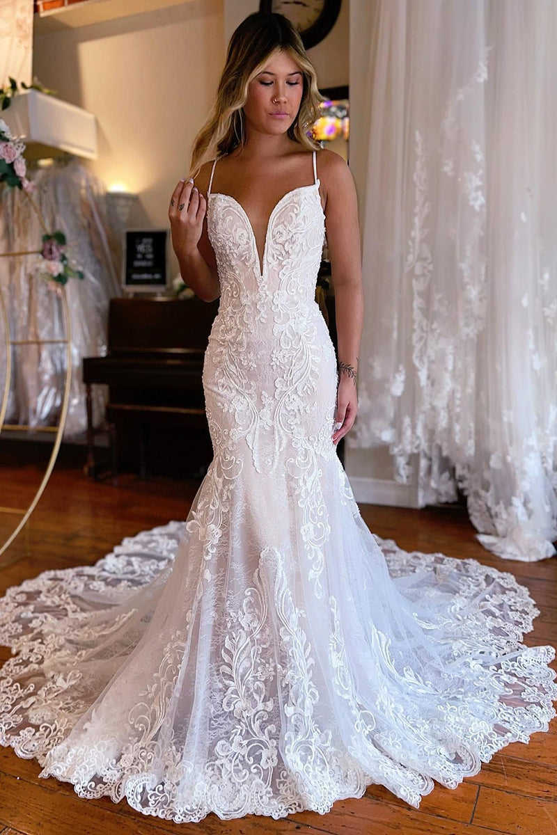 Low Cut Backless Lace Mermaid Spaghetti Straps Wedding Dress