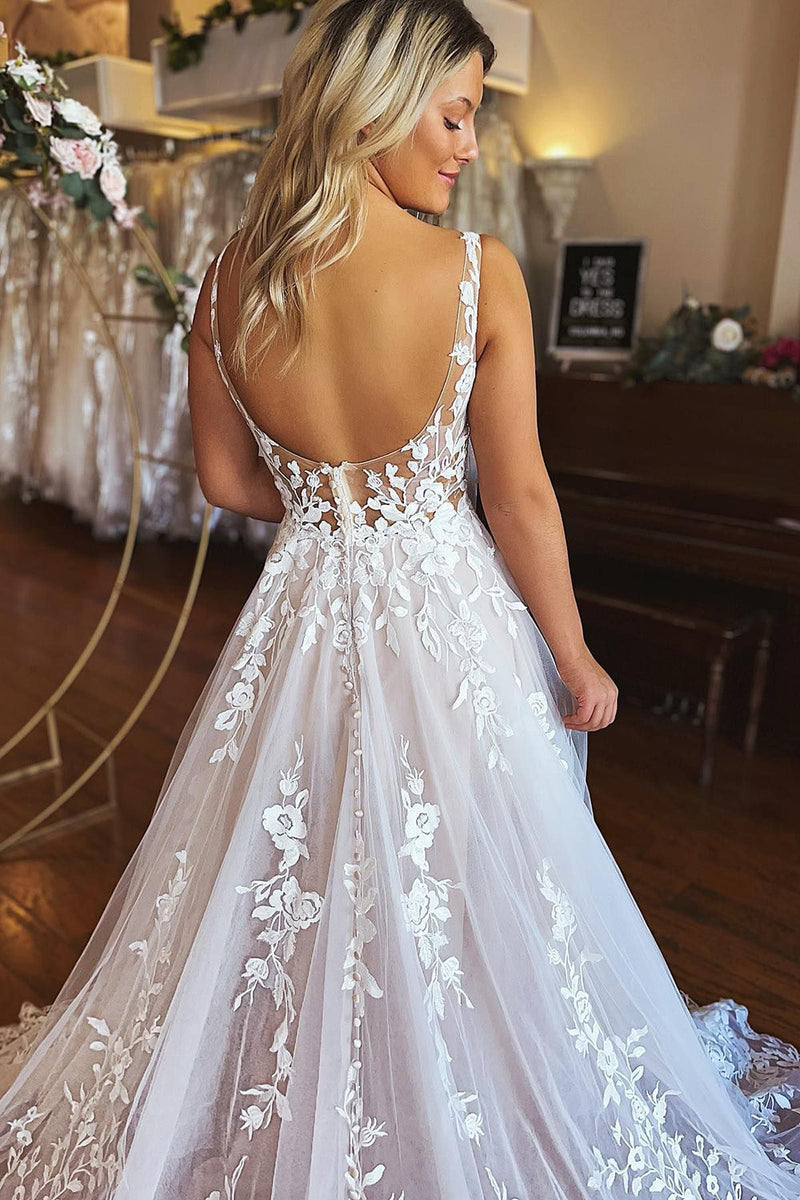 Load image into Gallery viewer, Ivory A-Line V-Neck Backless Long Lace Wedding Dress