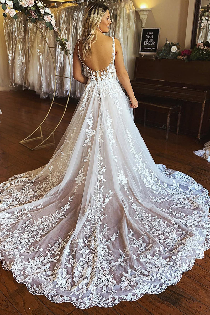 Load image into Gallery viewer, Ivory A-Line V-Neck Backless Long Lace Wedding Dress