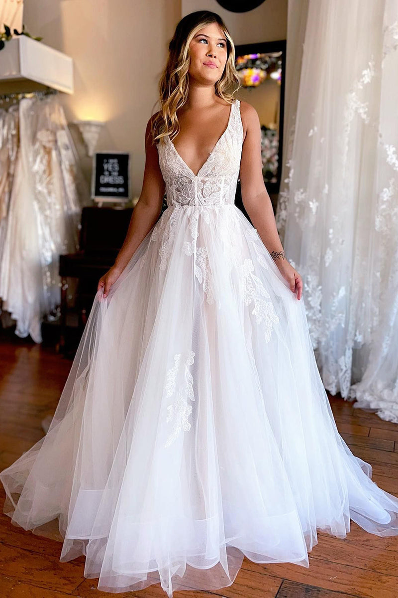 Load image into Gallery viewer, Ivory A-Line Deep V-Neck Backless Long Wedding Dress with Lace