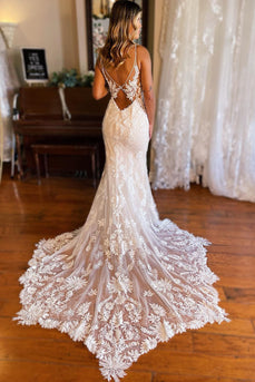Ivory Mermaid Open Back Long Lace Wedding Dress