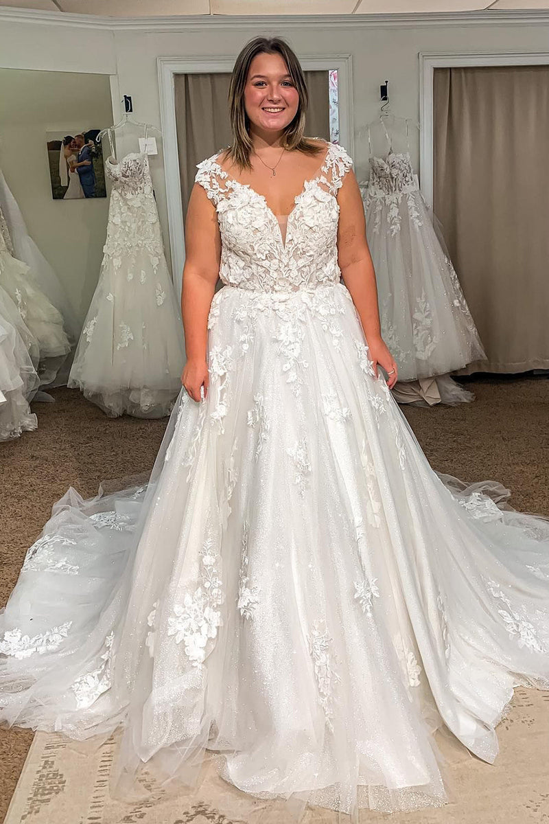 Load image into Gallery viewer, Glitter Ivory Long Tulle Plus Size Wedding Dress with Lace