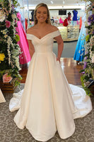 Load image into Gallery viewer, Off The Shoulder White Corset Simple Long Wedding Dress with Pockets