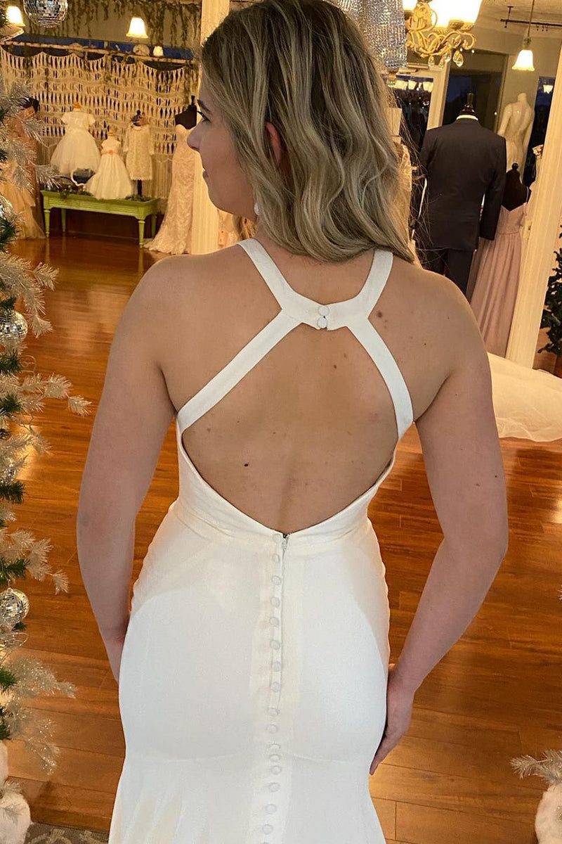 Load image into Gallery viewer, Mermaid Halter White Long Simple Wedding Dress with Button