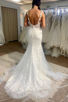 Load image into Gallery viewer, Tulle Mermaid Spaghetti Straps White Long Wedding Dress with Appliques