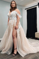 Load image into Gallery viewer, Tulle Off The Shoulder Ivory Long Plus Size Wedding Dress with Appliques