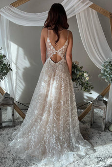 A-Line Ivory Spaghetti Straps Long Boho Wedding Dress with Appliques