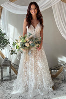 Load image into Gallery viewer, A-Line Ivory Spaghetti Straps Long Boho Wedding Dress with Appliques