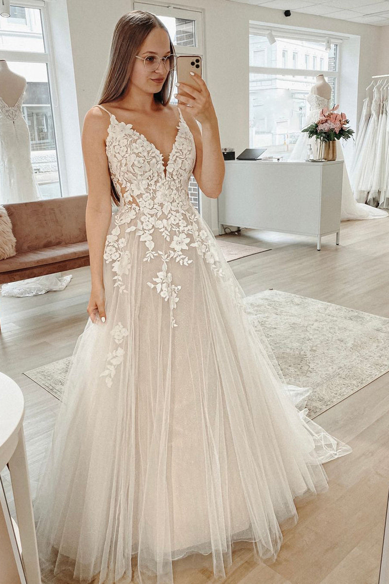Hellymoon Women Ivory Glitter Long Boho Wedding Dress with Appliques A-Line Spaghetti Straps Tulle Sweep Train Bridal Dress hellymoonuk Hellymoon Women Ivory Glitter Long Boho Wedding Dress with Appliques A-Line Spaghetti Straps Tulle Sweep Train Bridal Dress hellymoonuk