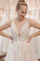 Load image into Gallery viewer, Glitter Ivory A-Line Spaghetti Straps Long Wedding Dress with Appliques