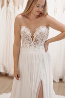 Load image into Gallery viewer, White Sweetheart Long Lace Boho Wedding Dress with Slit