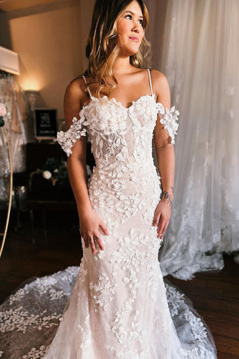 Load image into Gallery viewer, Champagne Cold Shoulder Long Train Mermaid Wedding Dress with Appliques