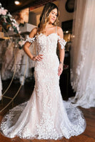 Load image into Gallery viewer, Champagne Cold Shoulder Long Train Mermaid Wedding Dress with Appliques