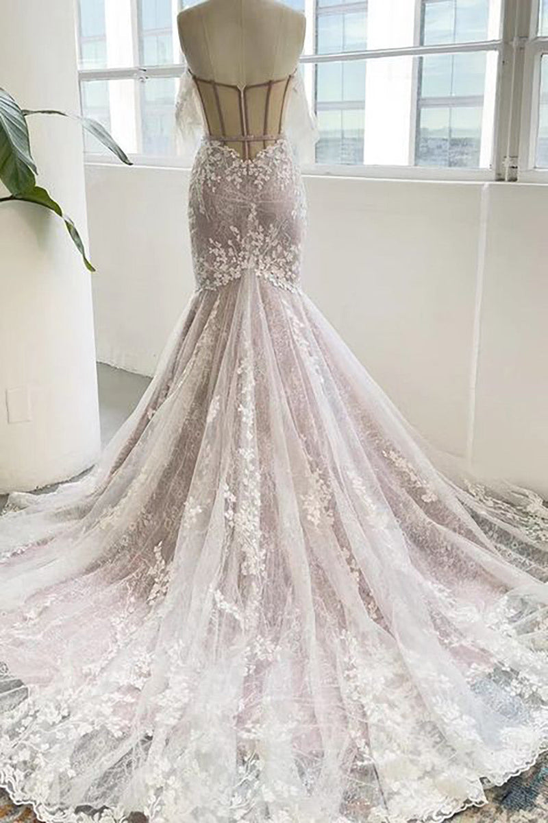 Load image into Gallery viewer, Gray Purple Sweetheart Corset Mermaid Wedding Dress with Appliques