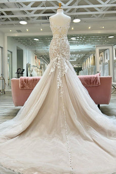 Champagne V-Neck Asymmetrical Mermaid Wedding Dress with Appliques