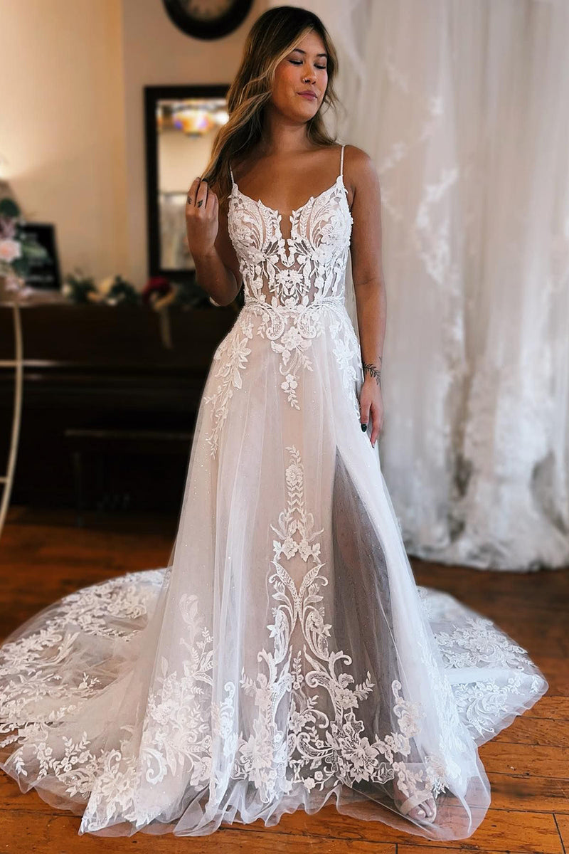 Load image into Gallery viewer, Ivory Detachable Sleeve High Slit A-Line Wedding Dress with Appliques