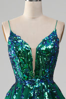 Load image into Gallery viewer, Tulle Spaghetti Straps Dark Green Prom Dress with Sequins