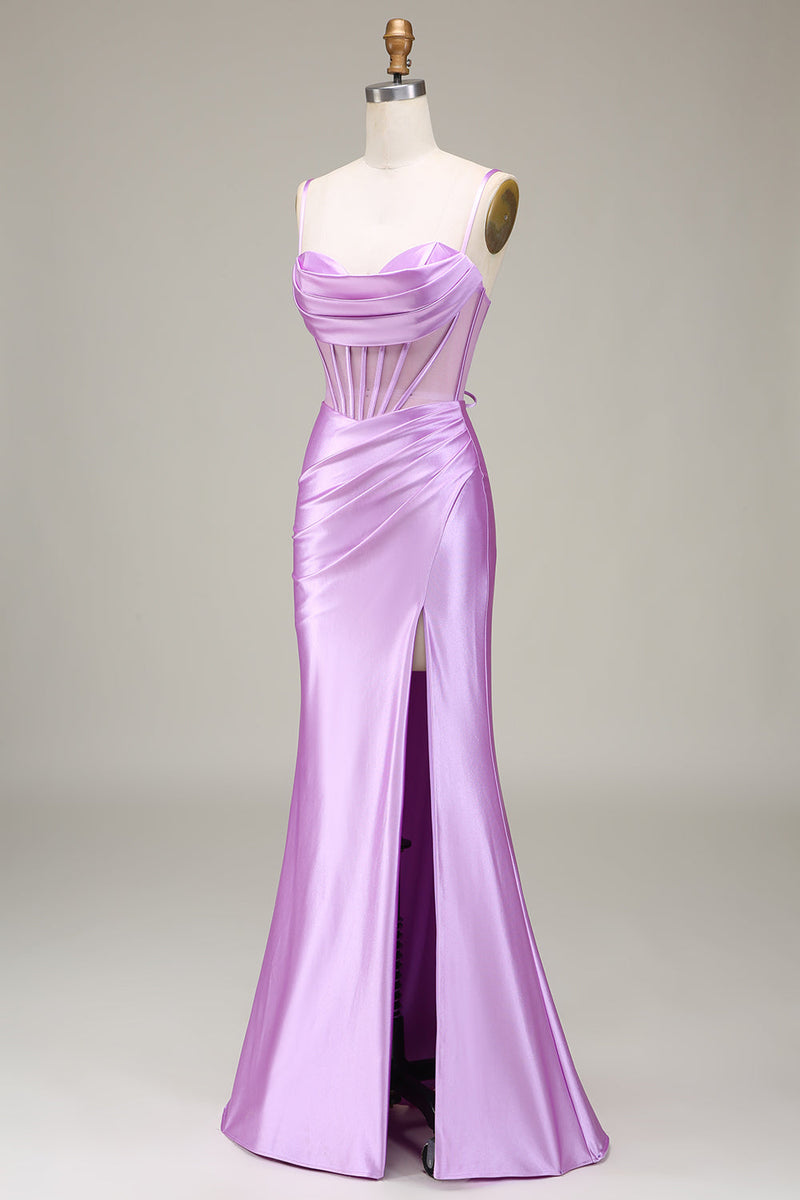 Hellymoon Women Lilac Prom Dress with Corset Satin Spaghetti Straps