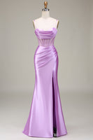 Load image into Gallery viewer, Satin Spaghetti Straps Lilac Prom Dress with Corset