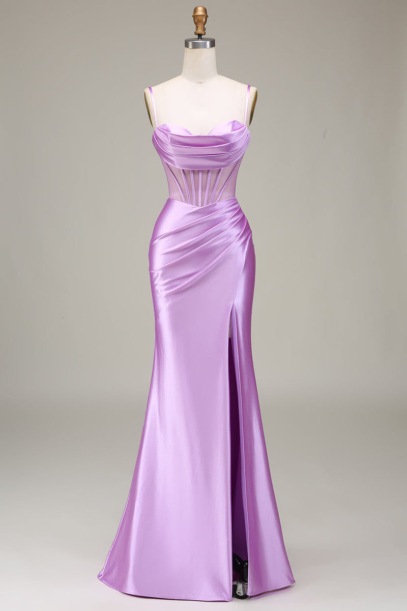 Load image into Gallery viewer, Satin Spaghetti Straps Lilac Prom Dress with Corset