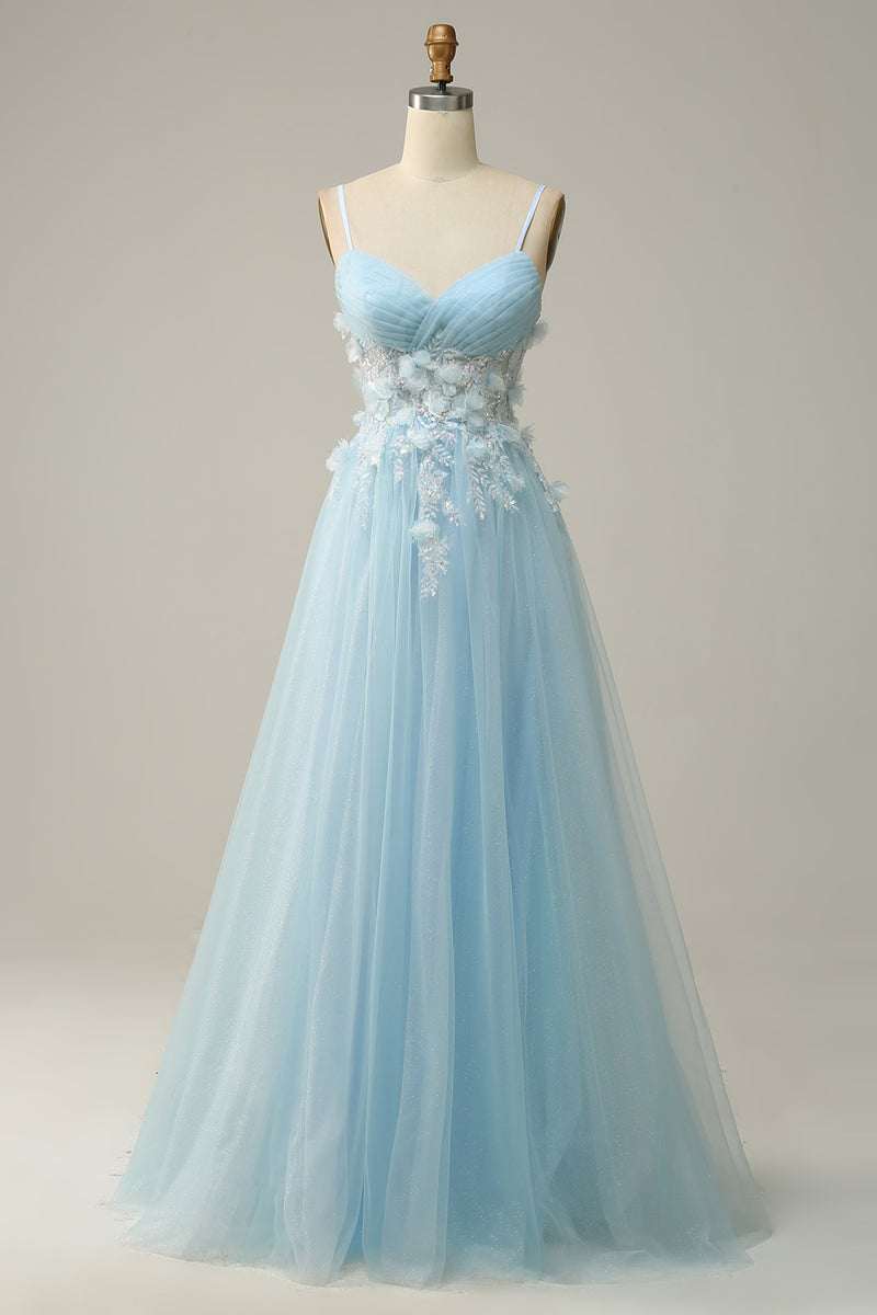 Load image into Gallery viewer, Sky Blue Spaghetti Straps Appliques Prom Dress with Ruffles