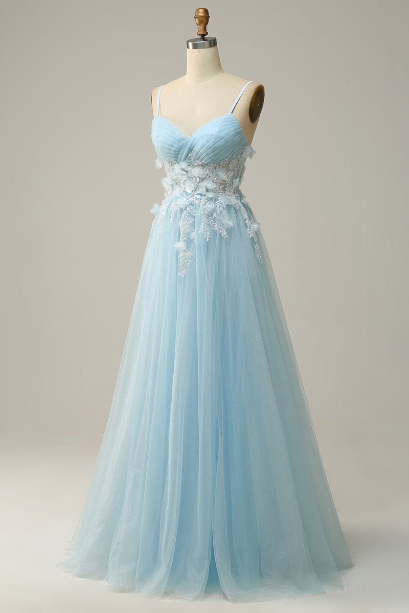 Load image into Gallery viewer, Sky Blue Spaghetti Straps Appliques Prom Dress with Ruffles