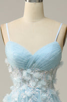 Load image into Gallery viewer, Sky Blue Spaghetti Straps Appliques Prom Dress with Ruffles