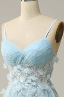 Load image into Gallery viewer, Sky Blue Spaghetti Straps Appliques Prom Dress with Ruffles