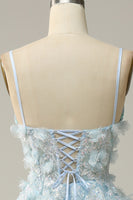 Load image into Gallery viewer, Sky Blue Spaghetti Straps Appliques Prom Dress with Ruffles