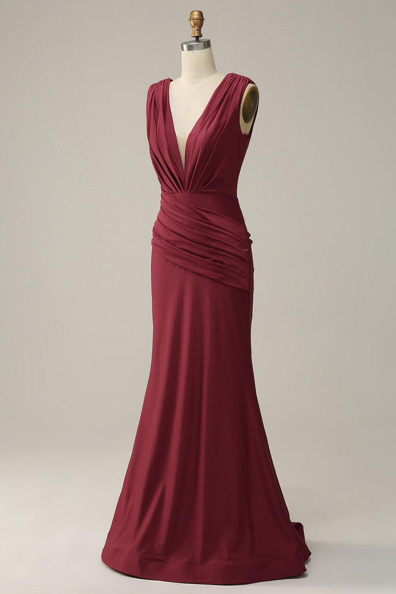 Load image into Gallery viewer, Deep V-neck Burgundy Mermaid Prom Dress with Ruffles