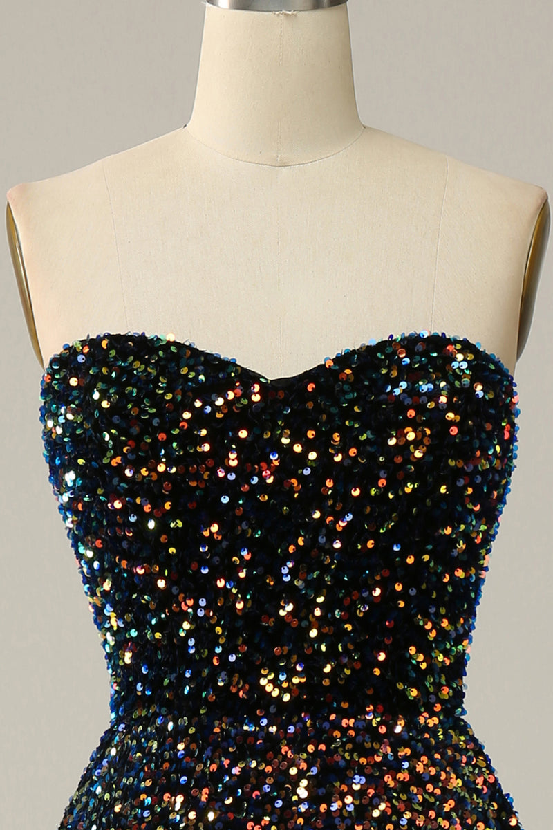 Load image into Gallery viewer, A Line Strapless Black Sequins Prom Dress