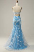 Load image into Gallery viewer, Blue Spaghetti Straps Corset Prom Dress with Appliques